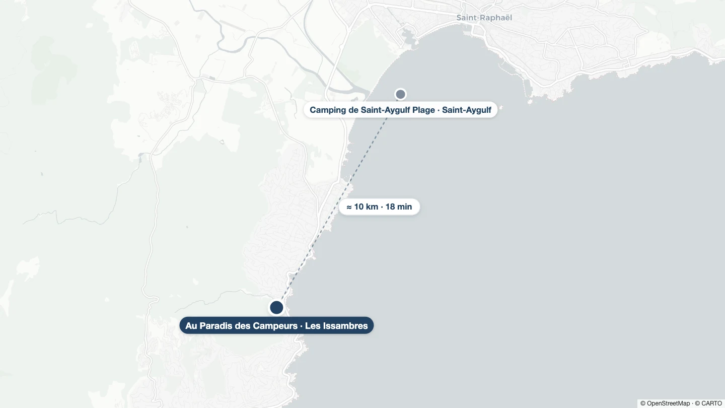 Carte de la Côte d'Azur situant Au Paradis des Campeurs aux Issambres et le Camping de Saint-Aygulf Plage à Saint-Aygulf / Fréjus