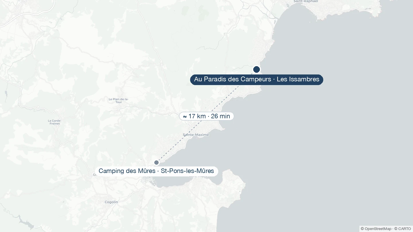 Carte situant Au Paradis des Campeurs aux Issambres (Côte d'Azur) et le Camping des Mûres à Saint-Pons-les-Mûres, dans le golfe de Saint-Tropez