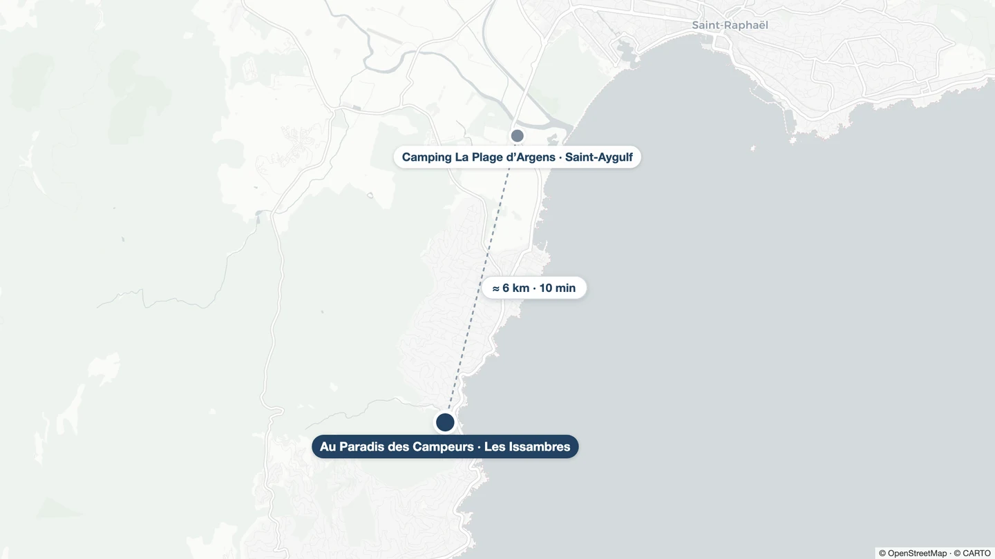 Mappa della Costa Azzurra con Au Paradis des Campeurs a Les Issambres, sul mare, e Camping La Plage d'Argens a Saint-Aygulf, lungo il fiume Argens