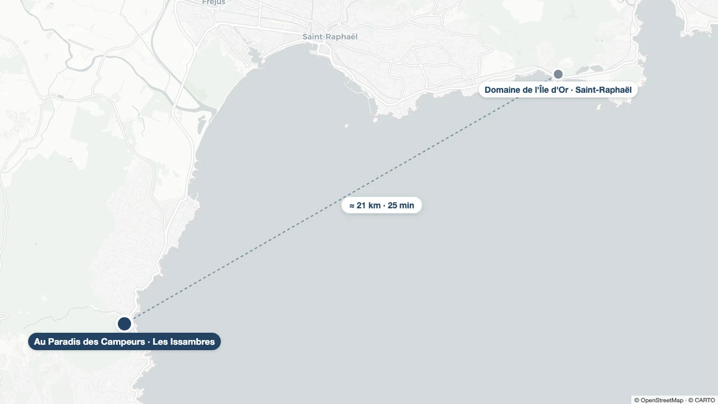 Karte der Côte d'Azur mit Au Paradis des Campeurs in Les Issambres und dem Domaine de l'Île d'Or in Saint-Raphaël