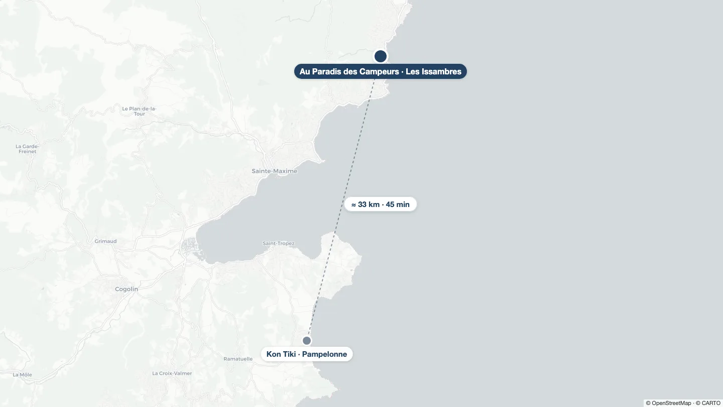 Carte de la Côte d'Azur et du golfe de Saint-Tropez situant Au Paradis des Campeurs aux Issambres et Kon Tiki à Ramatuelle, sur la plage de Pampelonne